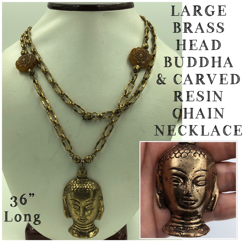 Solid Brass Head Buddha/Carved Resin Long Necklace
